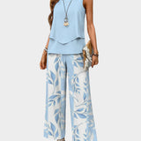 Poletni set z brezrokavno bluzo in širokimi hlačami s potiskom