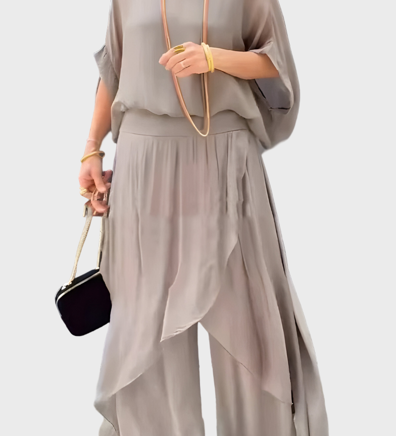 Široka Top in Hlače z Raztrganinami – Dvojnoslojni Set iz Šifona