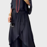 Široka Top in Hlače z Raztrganinami – Dvojnoslojni Set iz Šifona