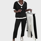 Ženski set s topom in hlačami z V-izrezom