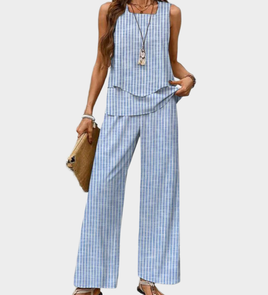 Poletni set z brezrokavno bluzo in širokimi hlačami s potiskom