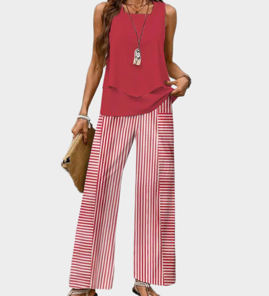 Poletni set z brezrokavno bluzo in širokimi hlačami s potiskom