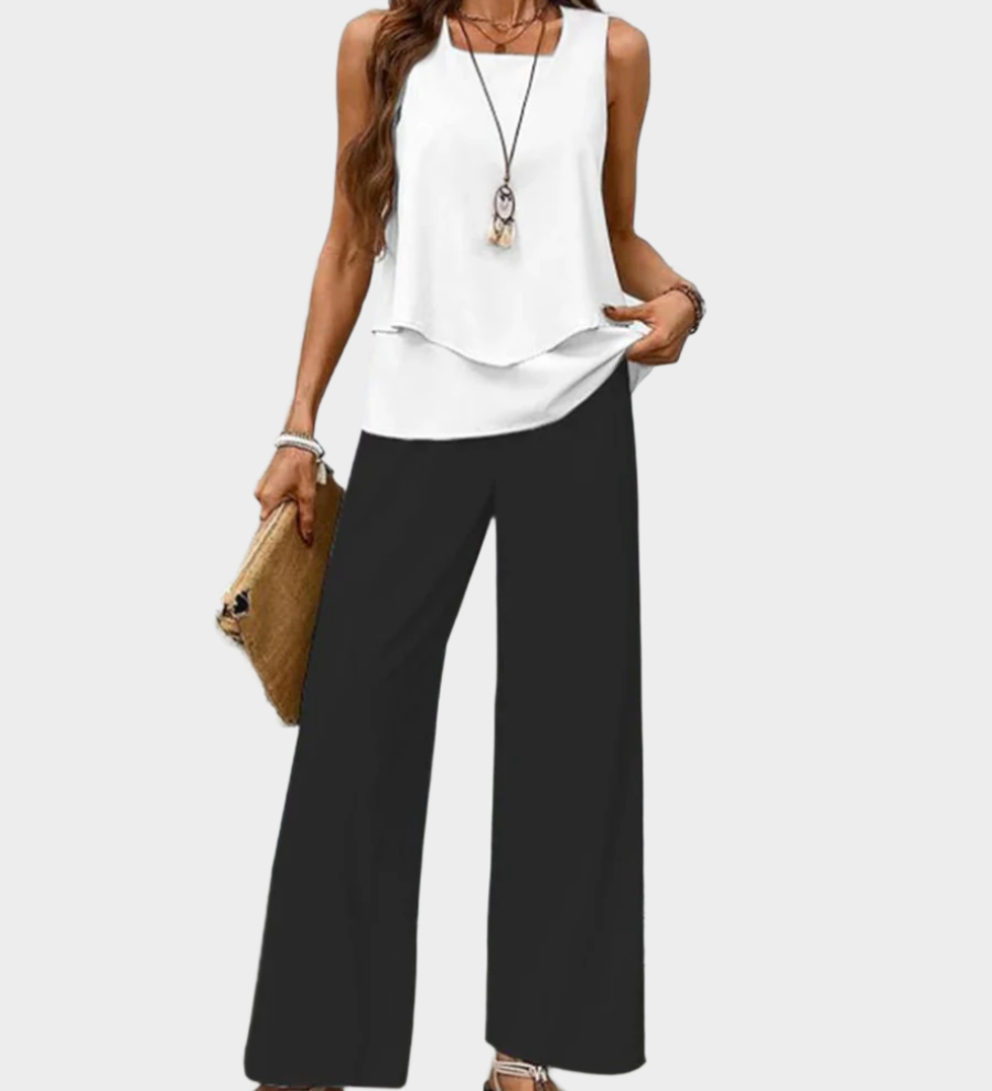 Poletni set z brezrokavno bluzo in širokimi hlačami s potiskom