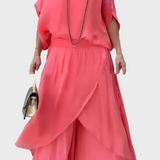 Široka Top in Hlače z Raztrganinami – Dvojnoslojni Set iz Šifona