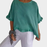 Zračna Lanena Bluza z Šivi in Volančki