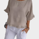 Zračna Lanena Bluza z Šivi in Volančki