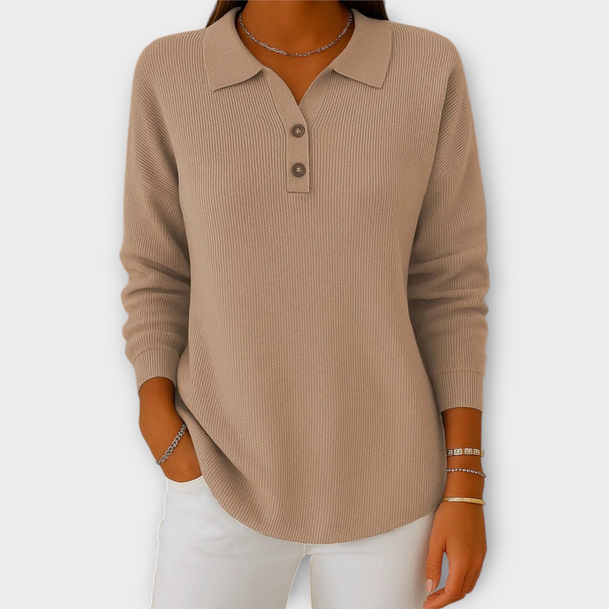 Pletena majica z elegantnim ovratnikom in gumbi