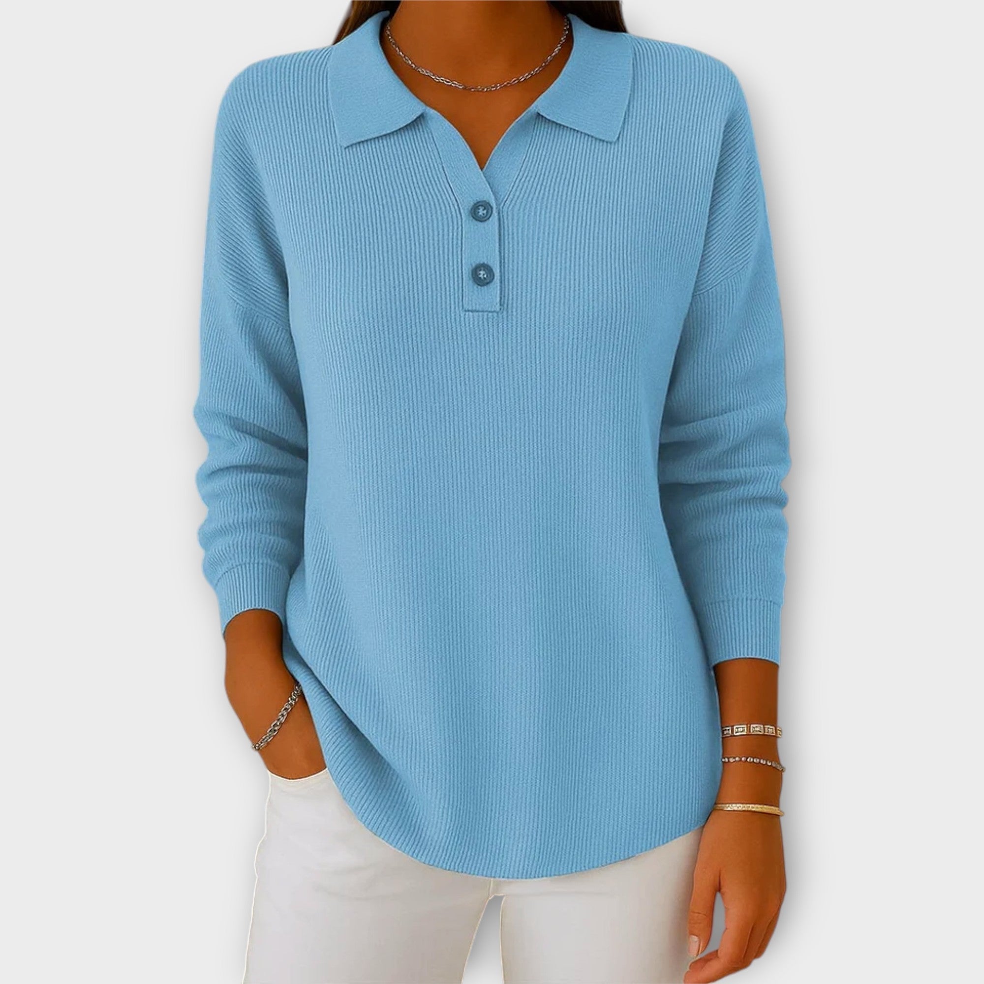 Pletena majica z elegantnim ovratnikom in gumbi