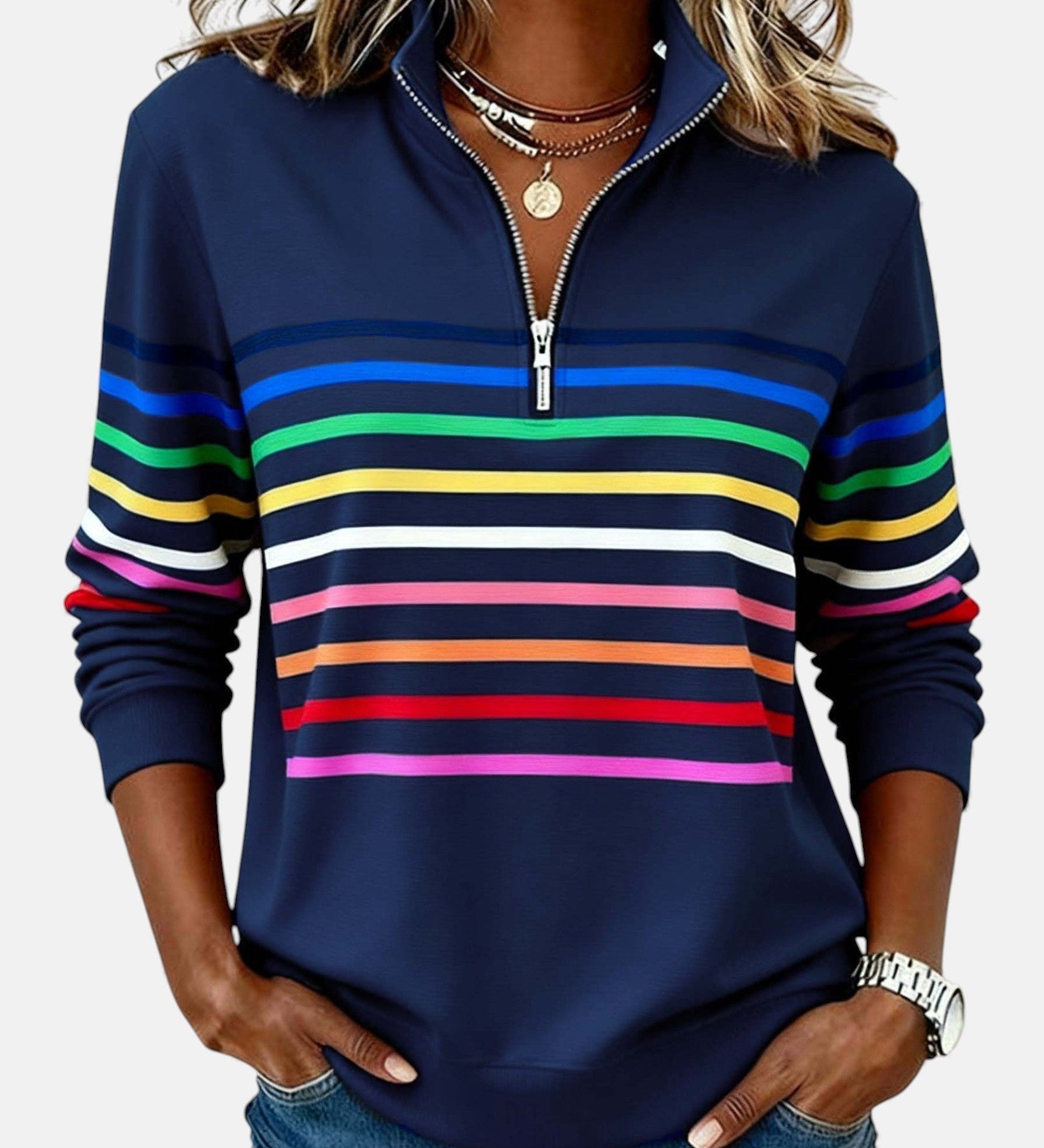 Vienna | Črtast udoben pulover s polovično zadrgo