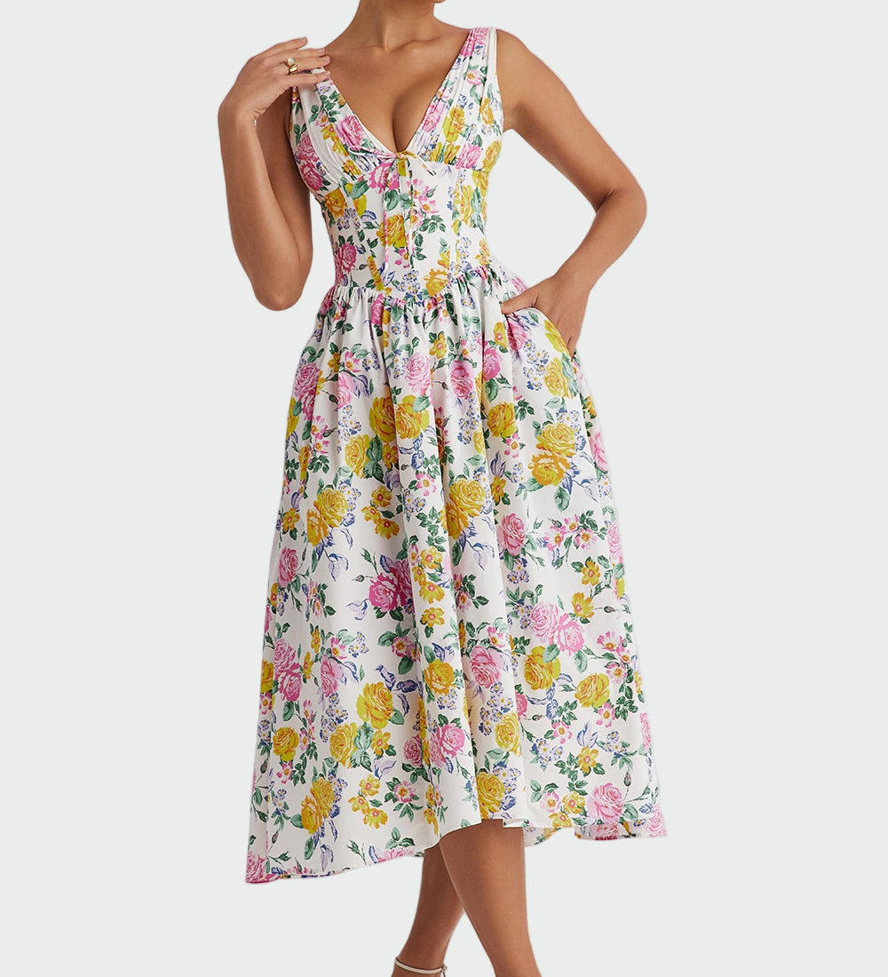 Midi obleka romantične cvetlične umetnosti